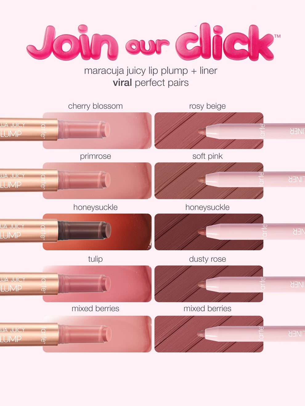 Lip plump and liner pairings are displayed in parallel: cherry blossom with rosy beige, primrose with soft pink, honeysuckle with honeysuckle, tulip with dusty rose, mixed berries with mixed berries. Text reads: Join our click - maracuja juicy lip plump + liner - viral perfect pairs.