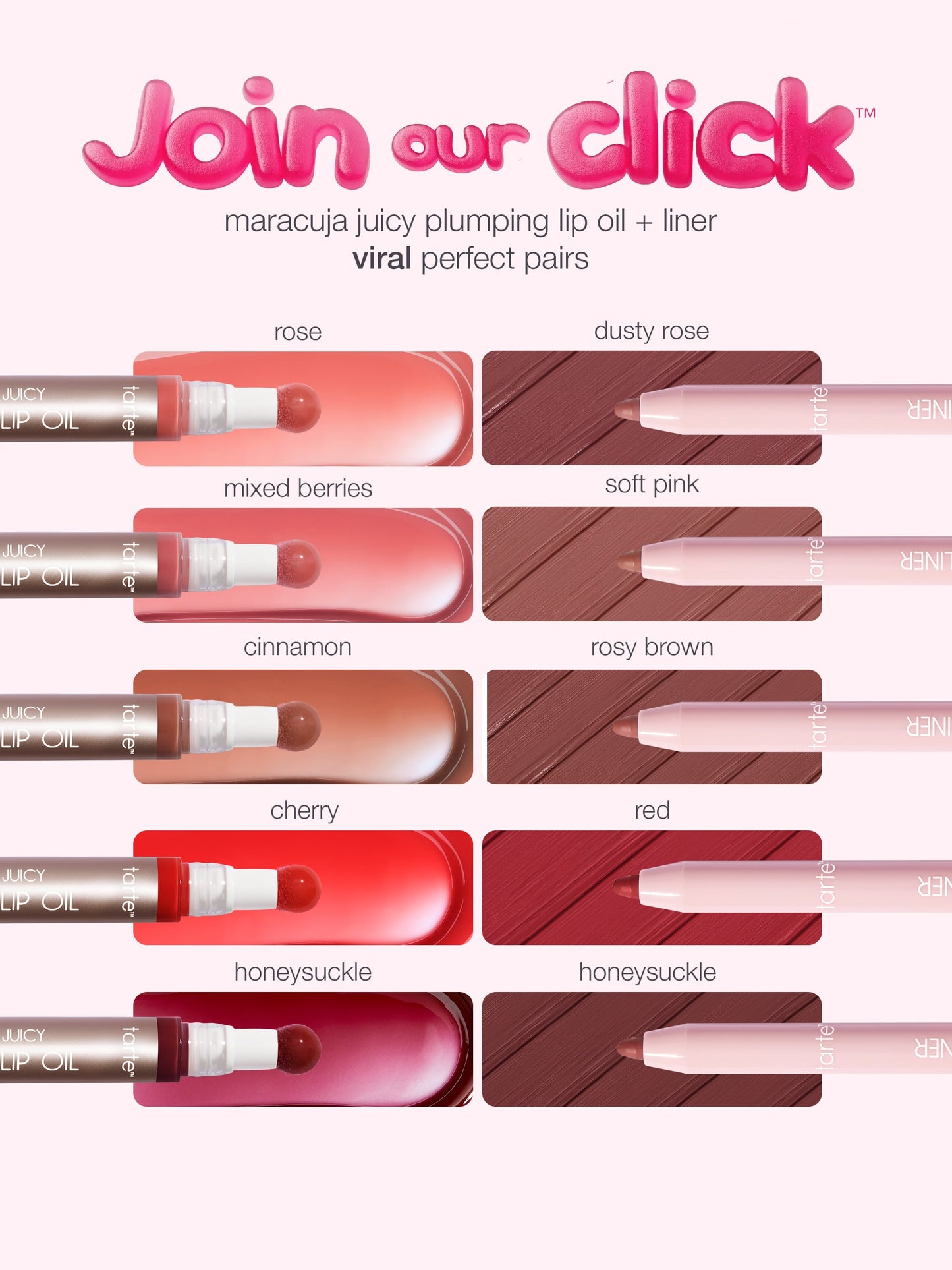 Lip oils and liners are paired, each with a coordinating color. Text reads: Join our click™ maracuja juicy plumping lip oil + liner viral perfect pairs. Colors include rose, dusty rose, mixed berries, soft pink, cinnamon, rosy brown, cherry, red, honeysuckle.