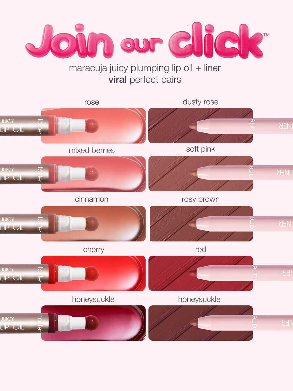 Lip oils and liners are paired, each with a coordinating color. Text reads: Join our click™ maracuja juicy plumping lip oil + liner viral perfect pairs. Colors include rose, dusty rose, mixed berries, soft pink, cinnamon, rosy brown, cherry, red, honeysuckle.