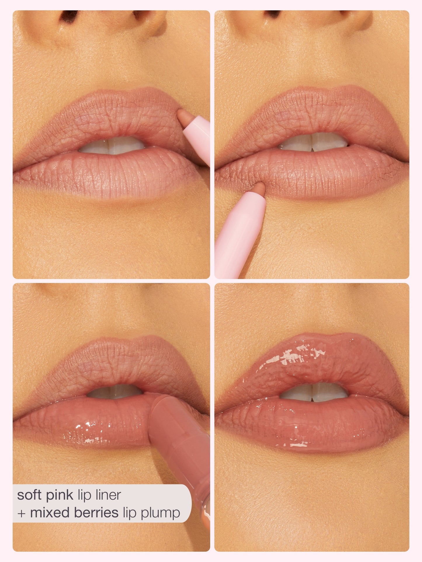 Collage of lips with soft pink lip liner and mixed berries lip plump application.