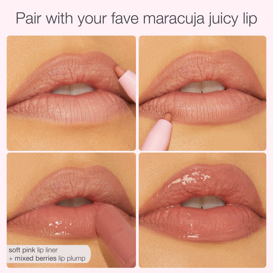 Lips are shown in a four-step sequence applying soft pink lip liner and mixed berries lip plump, resulting in a glossy finish. Text: Pair with your fave maracuja juicy lip.