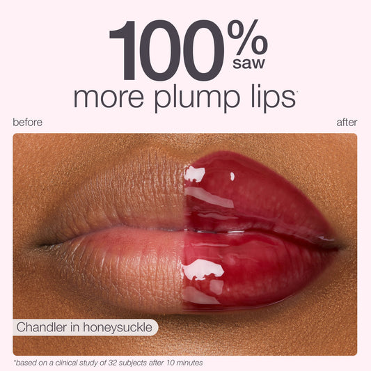 Lips are shown, with the left side bare and the right side glossy and red. Text reads: 100% saw more plump lips, before, after, Chandler in honeysuckle, *based on a clinical study of 32 subjects after 10 minutes.