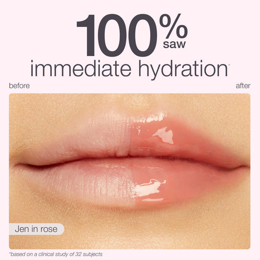 Lips appear glossy and hydrated, labeled before and after with enhanced shine, set against a light background. Text reads: 100% saw immediate hydration. Also says, Jen in rose and *based on a clinical study of 32 subjects.