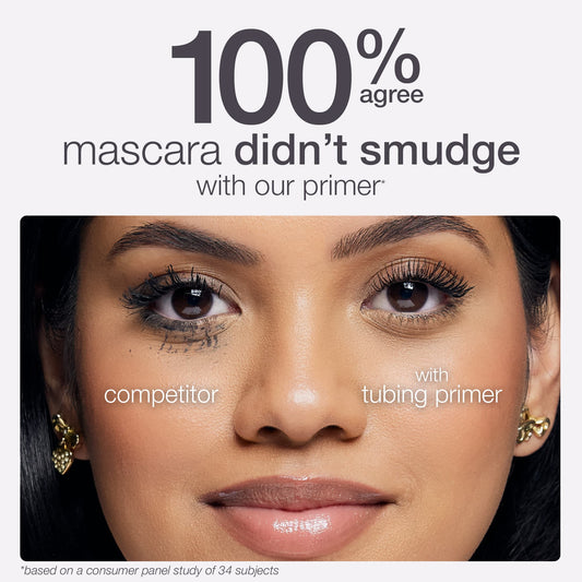 A woman's face features mascara on both eyes, one smudged labeled competitor and one intact labeled with tubing primer. Text above reads, 100% agree mascara didn't smudge with our primer. *Based on a consumer panel study of 34 subjects.