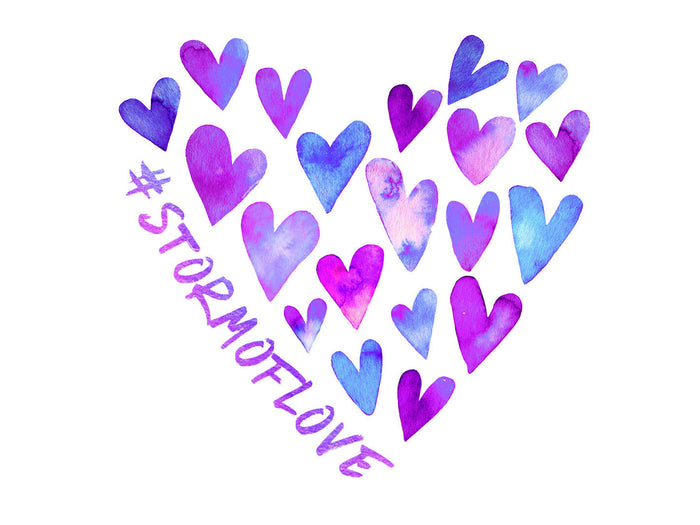 Purple and blue watercolor hearts form a large heart shape, accompanied by the text STORMOFLOVE on a white background.