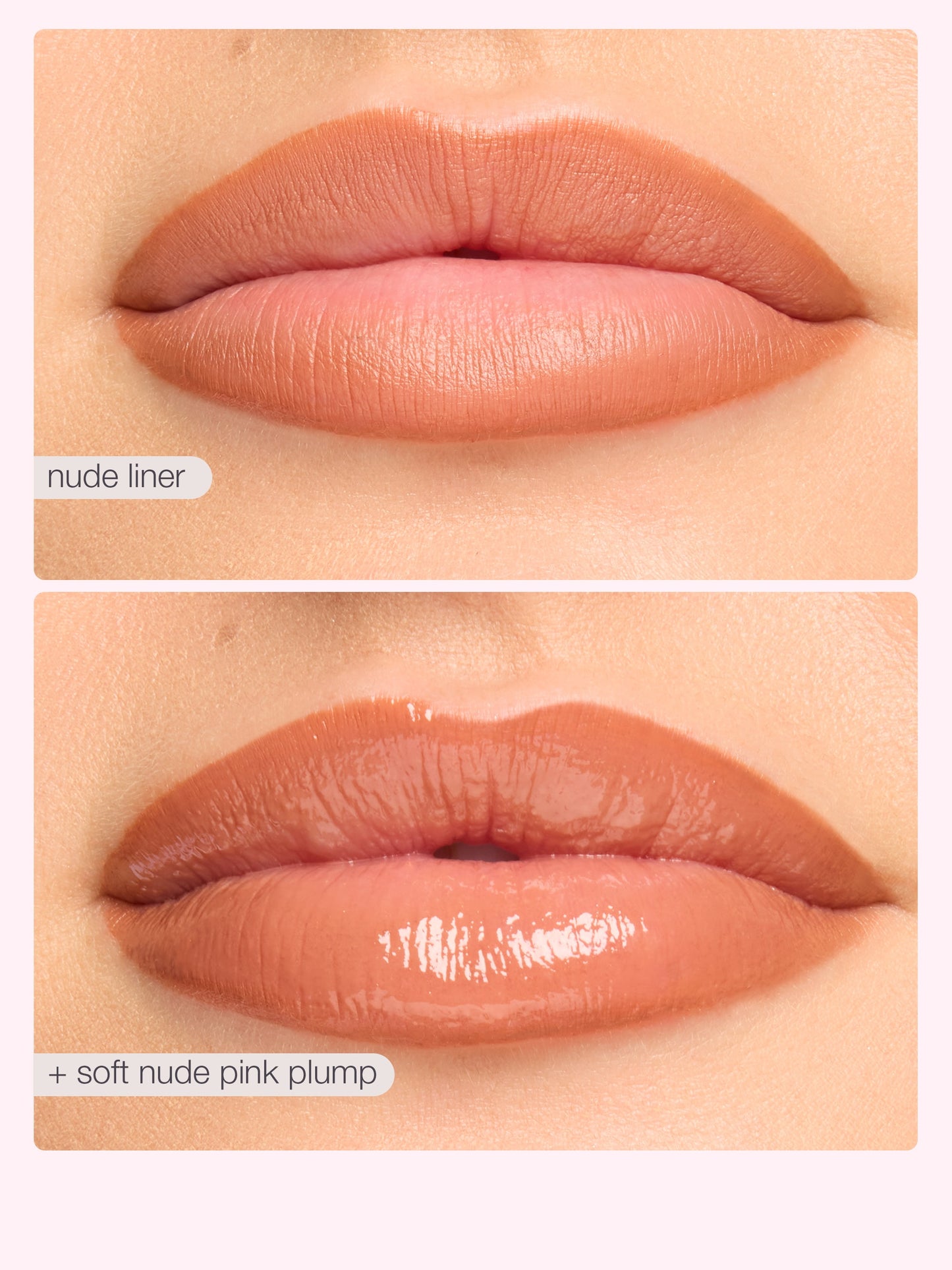 Close-up of lips with 'nude liner' and 'soft nude pink plump' text labels.