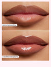 Two close-up images of lips with lip liner and lip gloss on a beige background