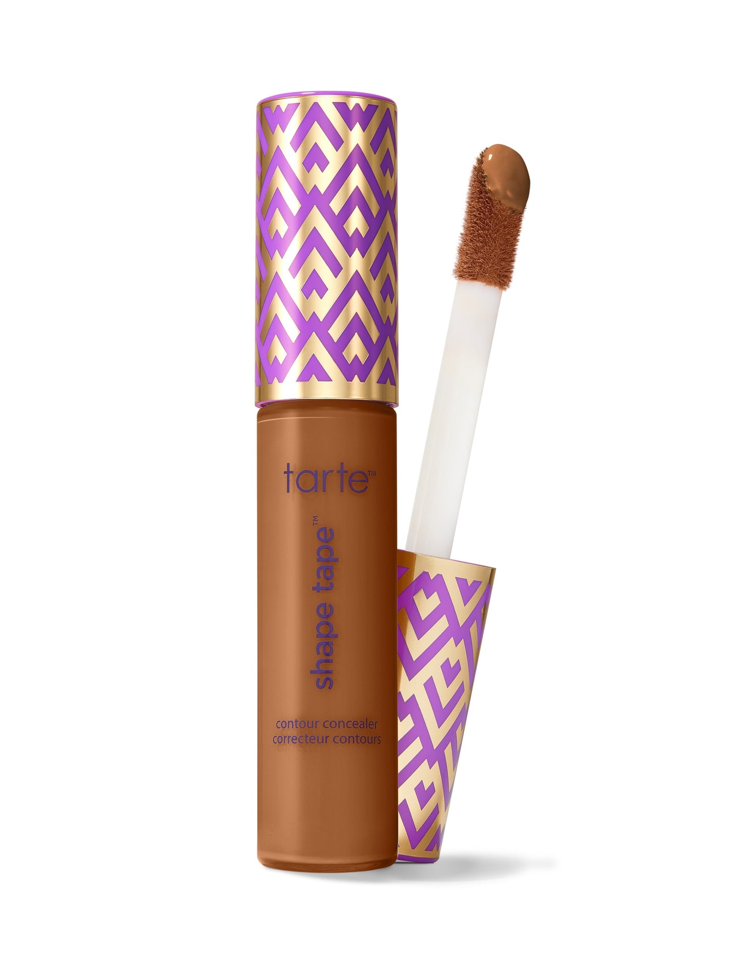 Tarte Shape Tape concealer with purple and gold packaging on a white background