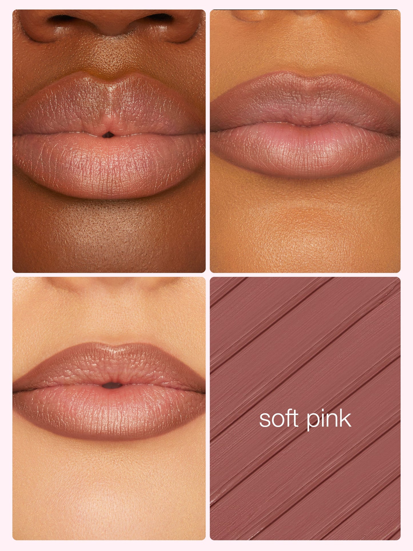 Collage of a woman's lips wearing a soft pink lipstick with color swatch.