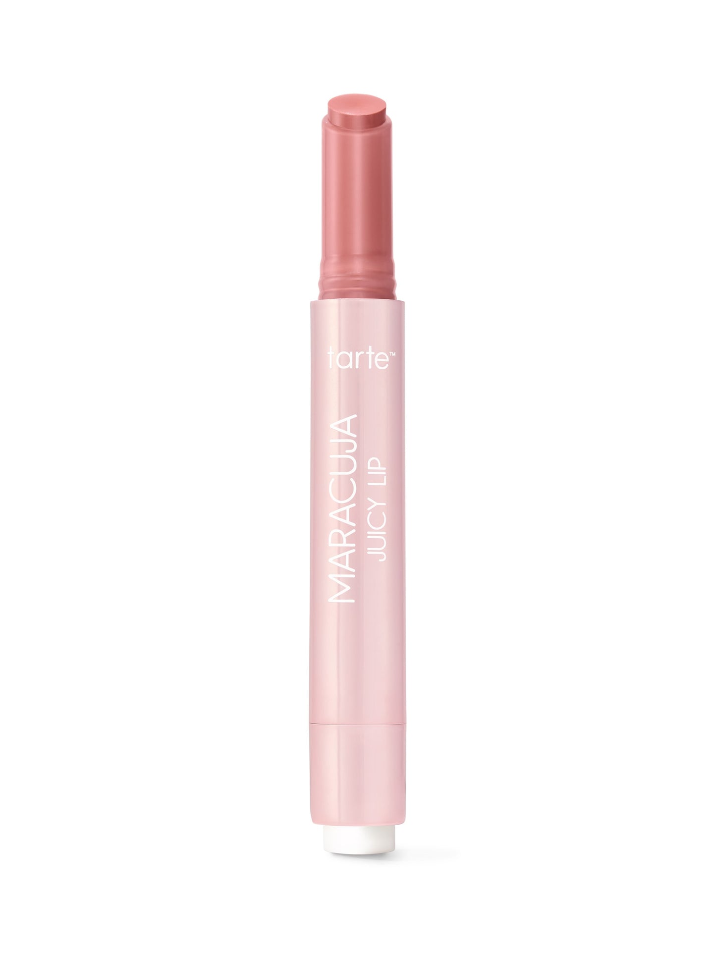 Tarte Maracuja Juicy Lip balm stands upright with cap removed and stick extended against a plain white background. Text on tube: tarte; MARACUJA JUICY LIP.