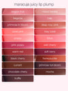 A grid of diverse lip shades from Tarte Cosmetics' maracuja juicy lip plump collection displayed in swatches, featuring shades like peachy beige, deep rosy pink, and popsicle pink against a light background.