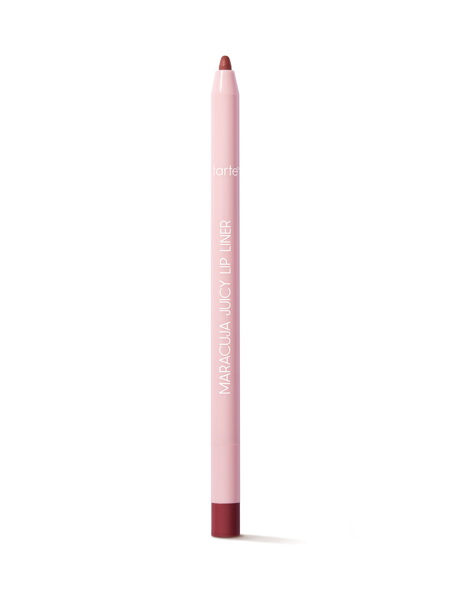 Lip liner pencil with red cap and brown tip on a white background